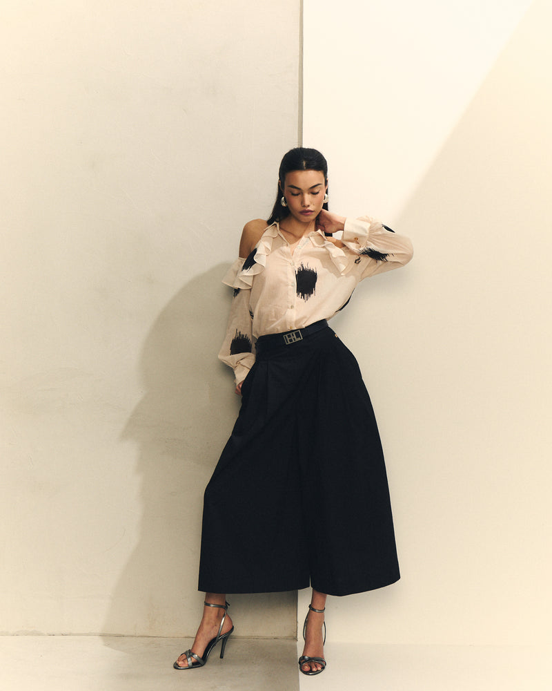 Pantalón Ancho Negro de Popelín con Pinzas