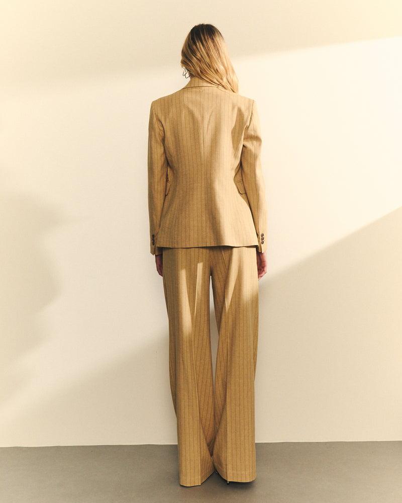Pantalón Ancho de Rayas Beige Tejido Ligero