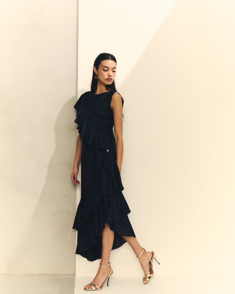Vestido Largo Jacquard Marino con Volantes