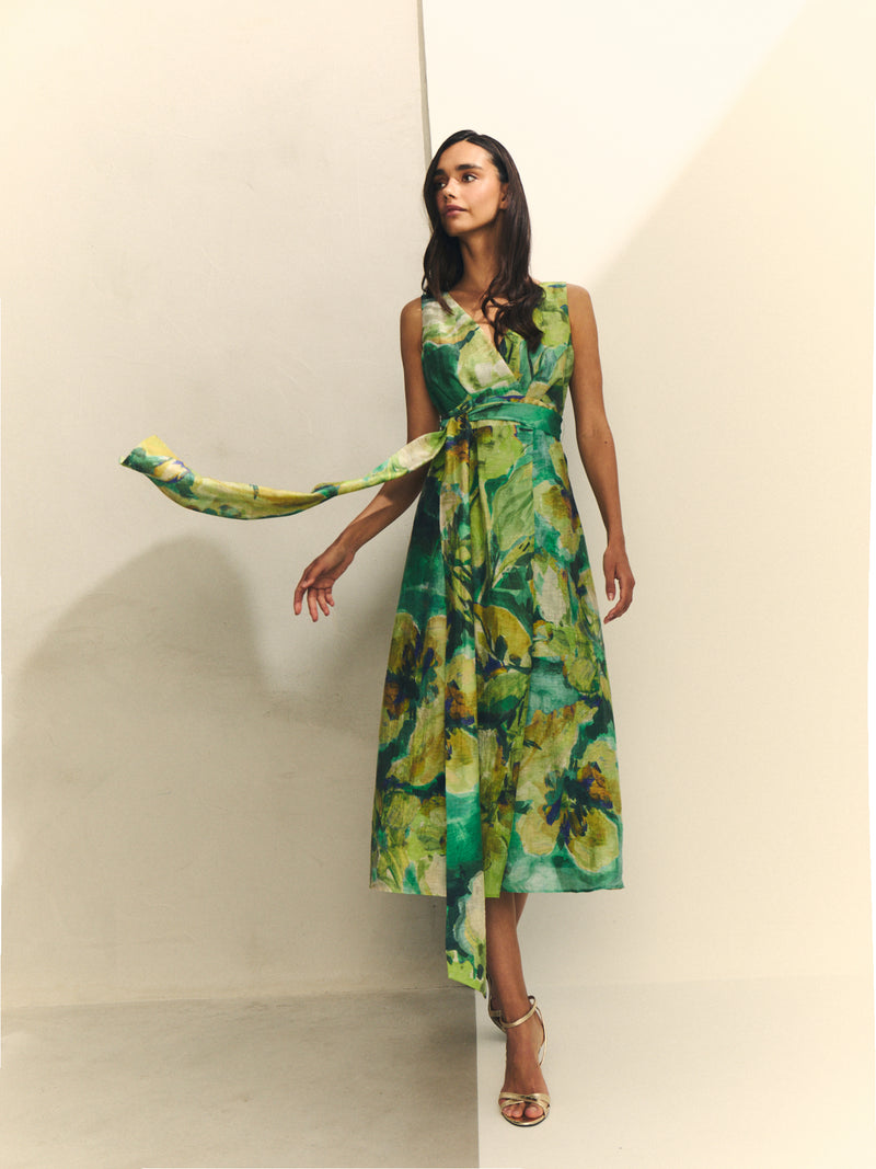 Vestido midi con falda efecto pareo