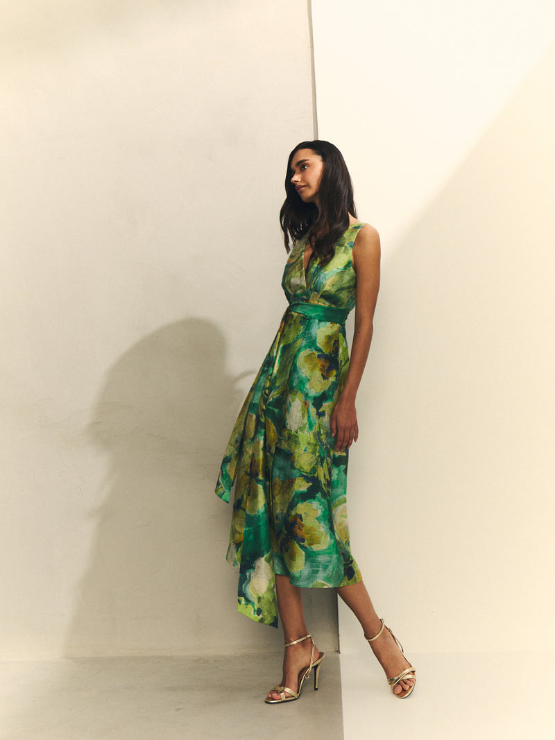 Vestido midi con falda efecto pareo