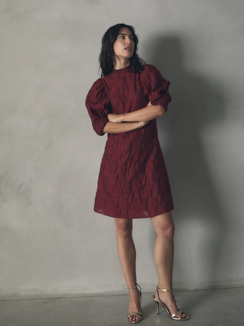 VESTIDO JACQUARD MANGA ABULLONADA