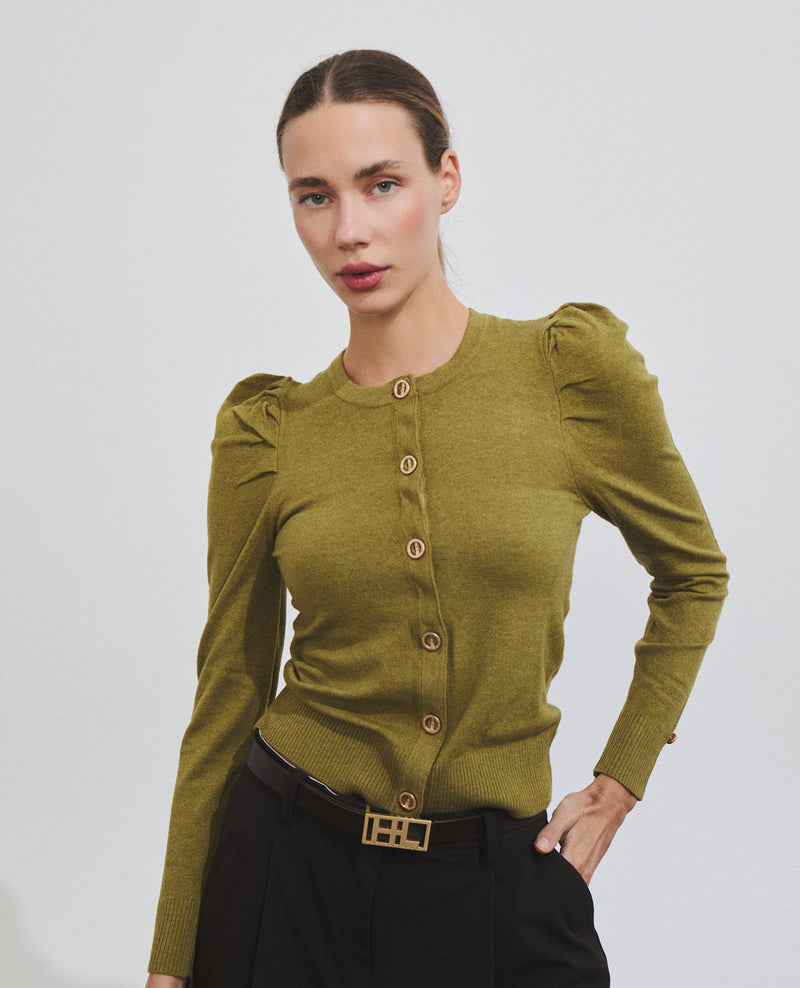 Gilet en maille pour femme à col rond et manches bouffantes