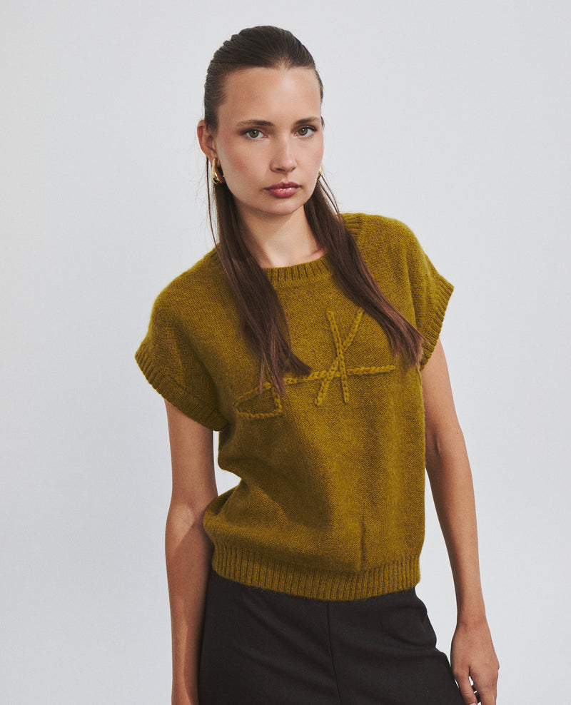 Haut en maille pour femme à col rond avec logo sur le devant