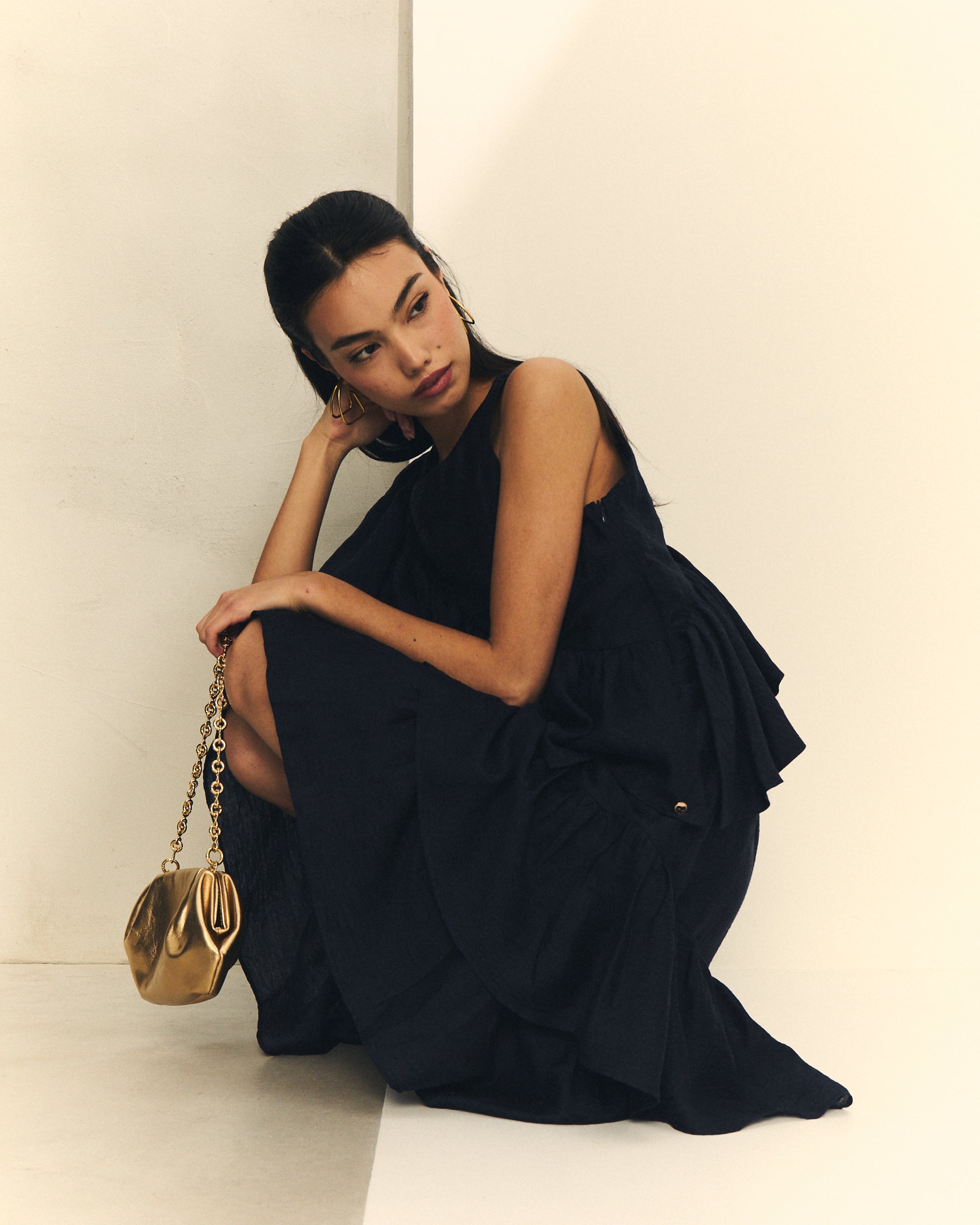 Vestido Comprido Jacquard Azul-Marinho com Folhos