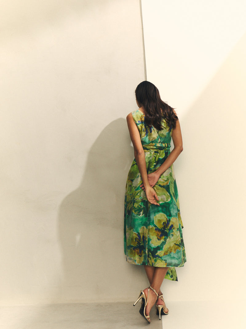 Vestido midi con falda efecto pareo