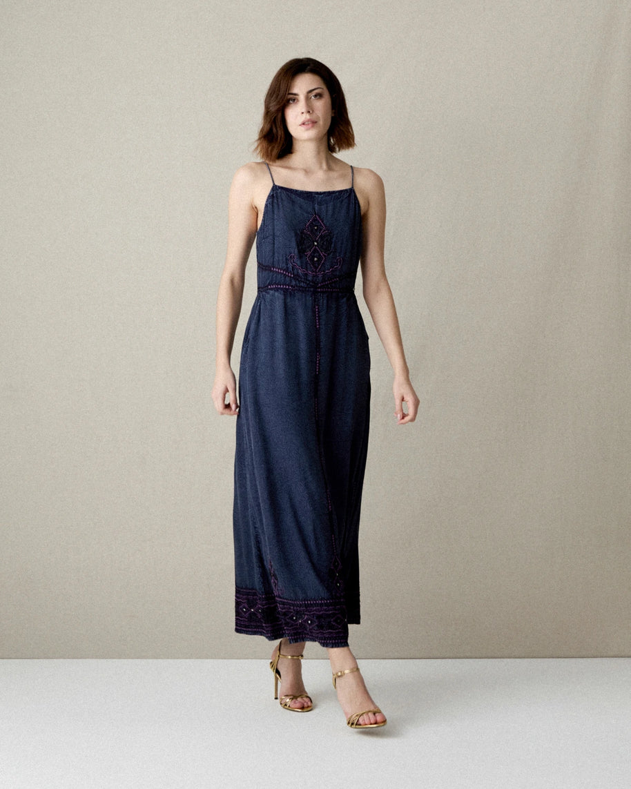 VESTIDO MIDI TIRANTES TENCEL DENIM BORDADO