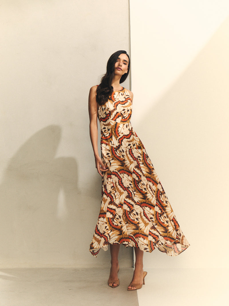 VESTIDO ESTAMPADO PLUMAS CUELLO HALTER