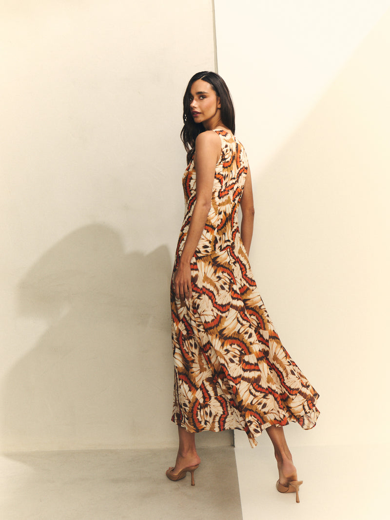 VESTIDO ESTAMPADO PLUMAS CUELLO HALTER