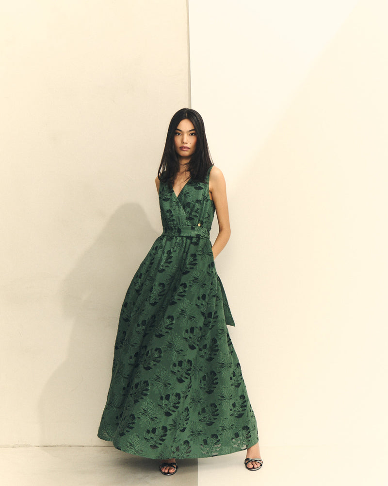 VESTIDO CRUZADO JACQUARD CON CINTURON