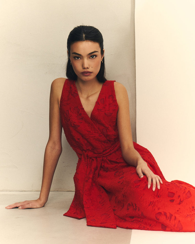 VESTIDO CRUZADO JACQUARD CON CINTURON