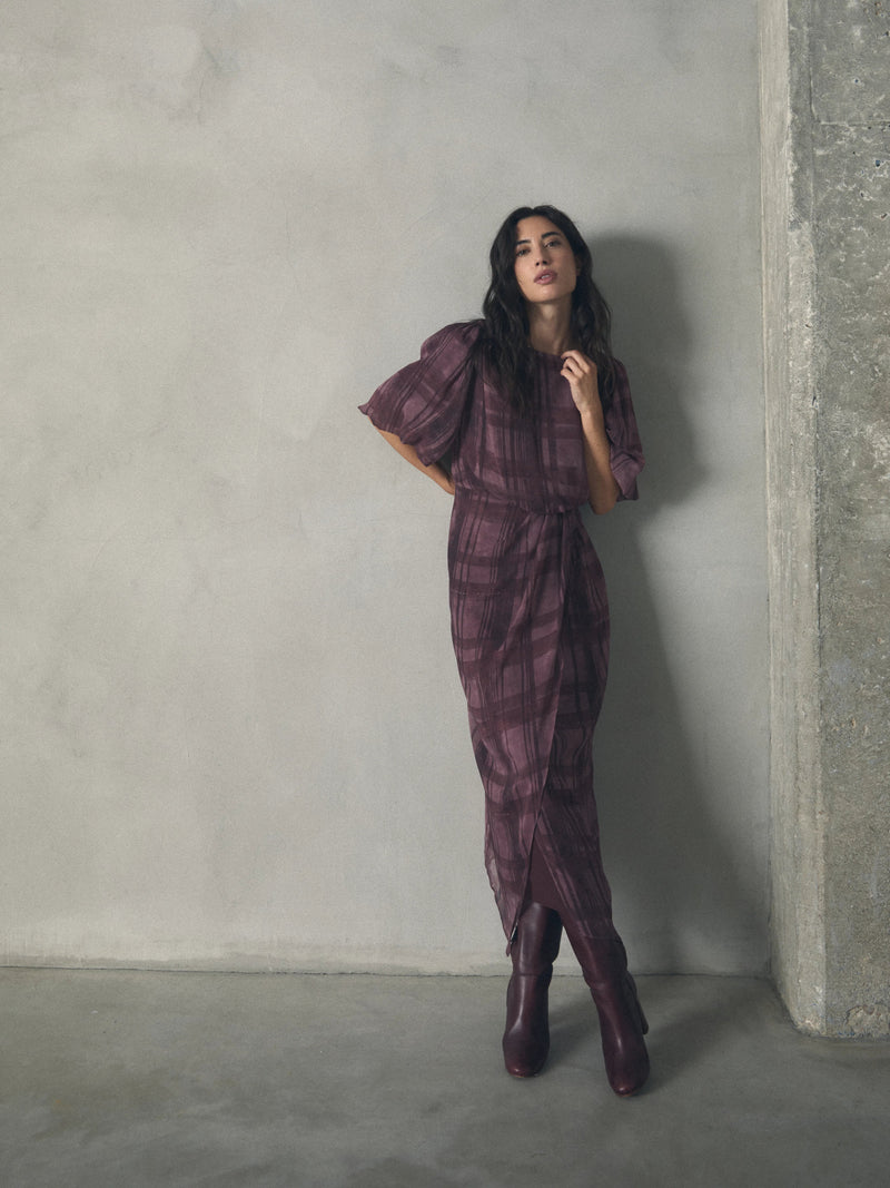 VESTIDO CUADROS MANGA ABULLONADA