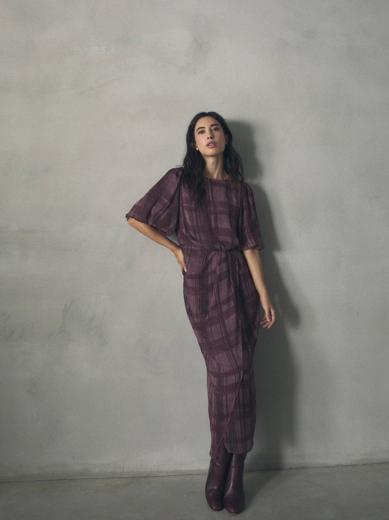 VESTIDO CUADROS MANGA ABULLONADA